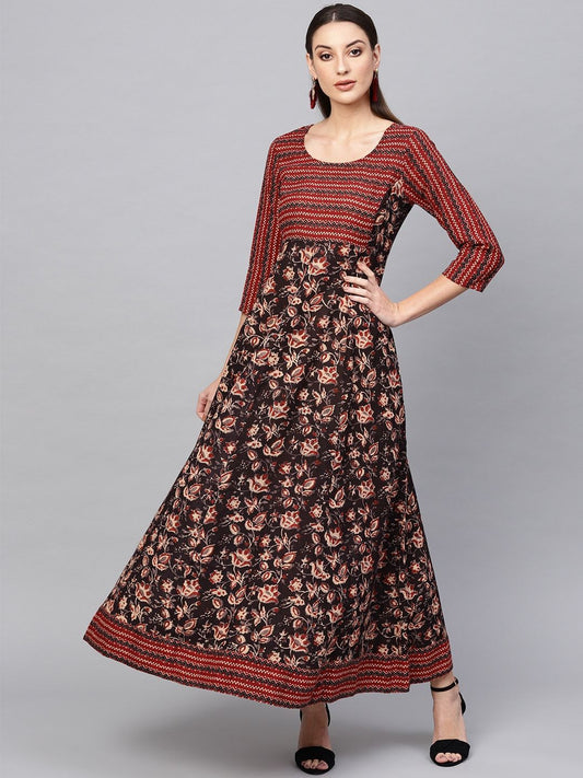 Women's  Brown & Beige Printed Maxi Dress
