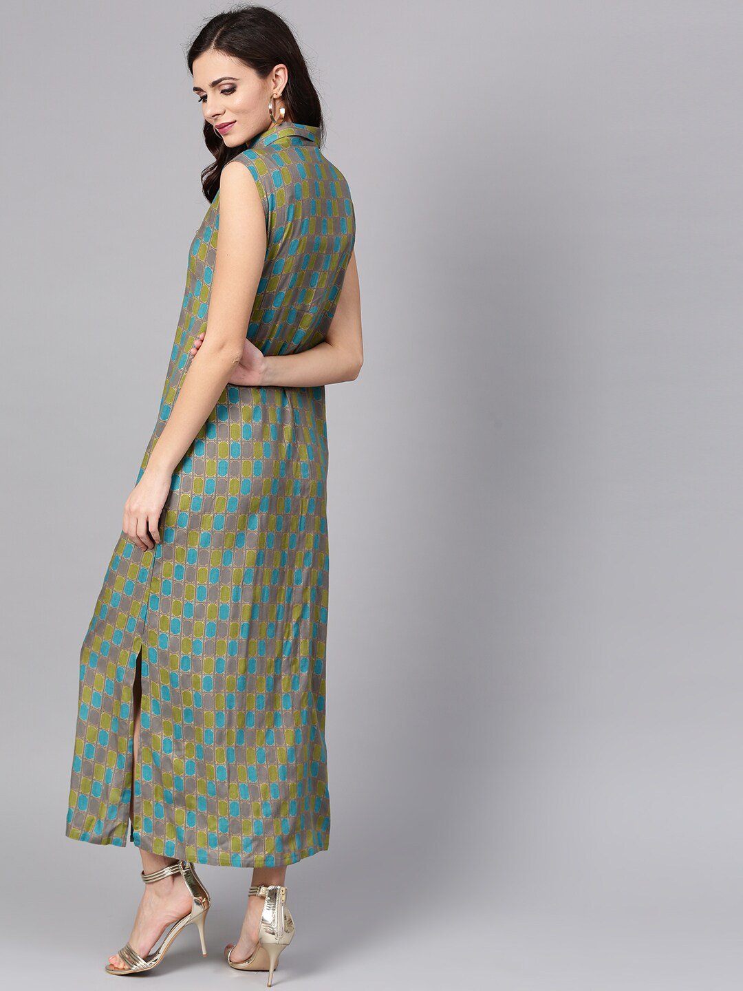 Women's  Grey & Green Printed Maxi Shirt Dress