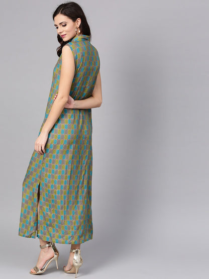 Women's  Grey & Green Printed Maxi Shirt Dress