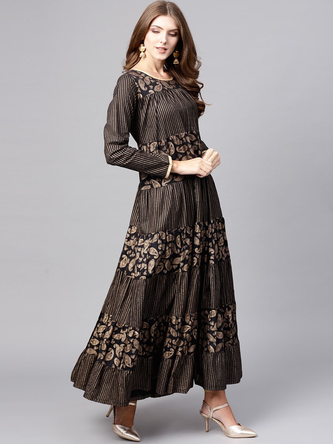 Women's  Black & Golden Printed Tiered Anarkali Kurta