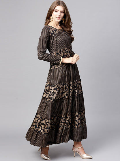 Women's  Black & Golden Printed Tiered Anarkali Kurta