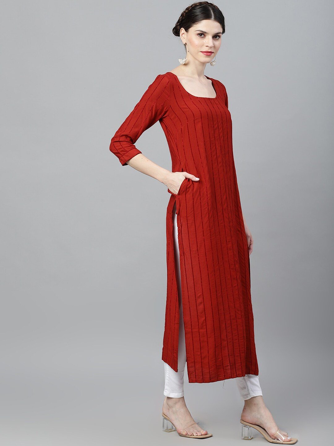 Women's  Red & Black Striped Straight Kurta
