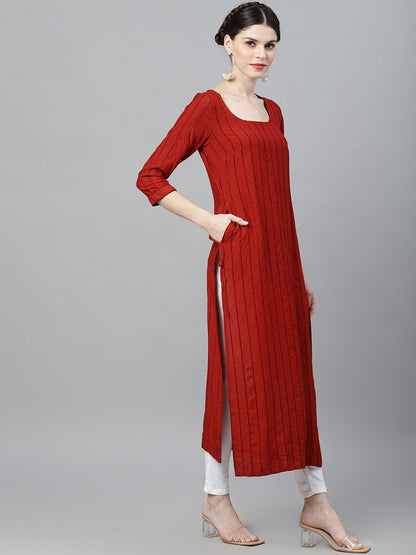 Women's  Red & Black Striped Straight Kurta