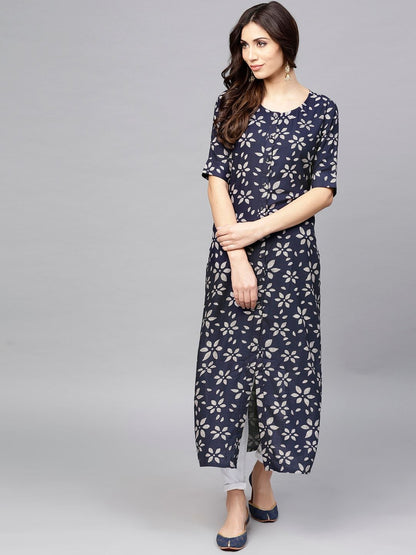 Women's  Navy Blue & Grey Printed Straight Kurta