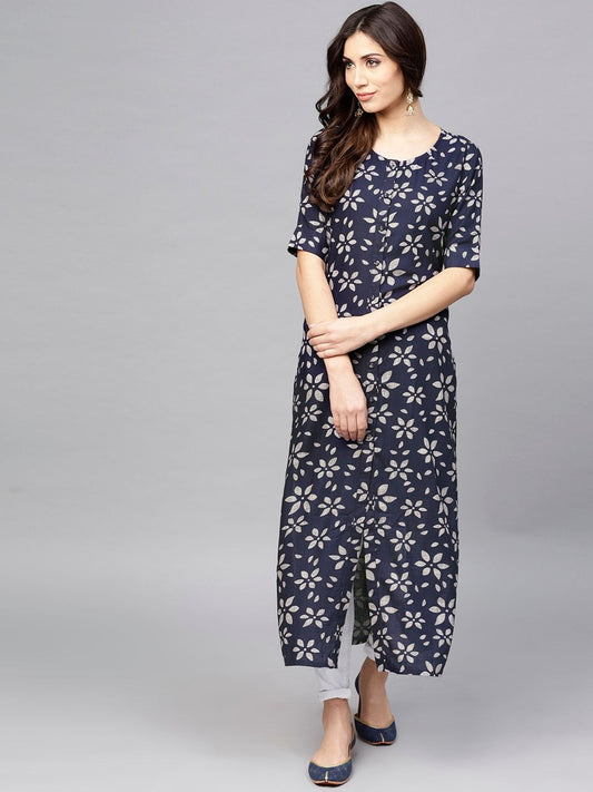 Women's  Navy Blue & Grey Printed Straight Kurta
