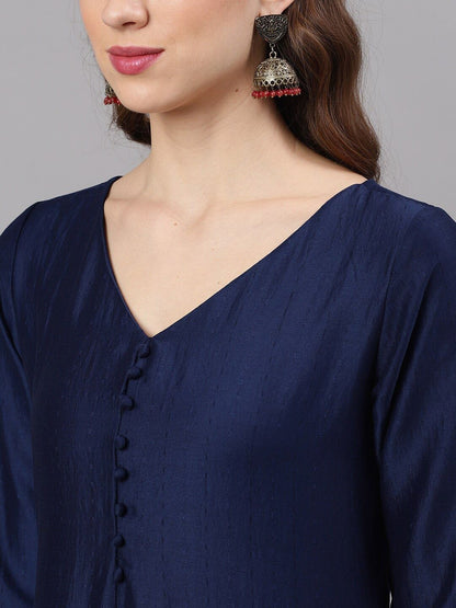 Women's  Navy Blue Woven Design Kurta with Palazzos