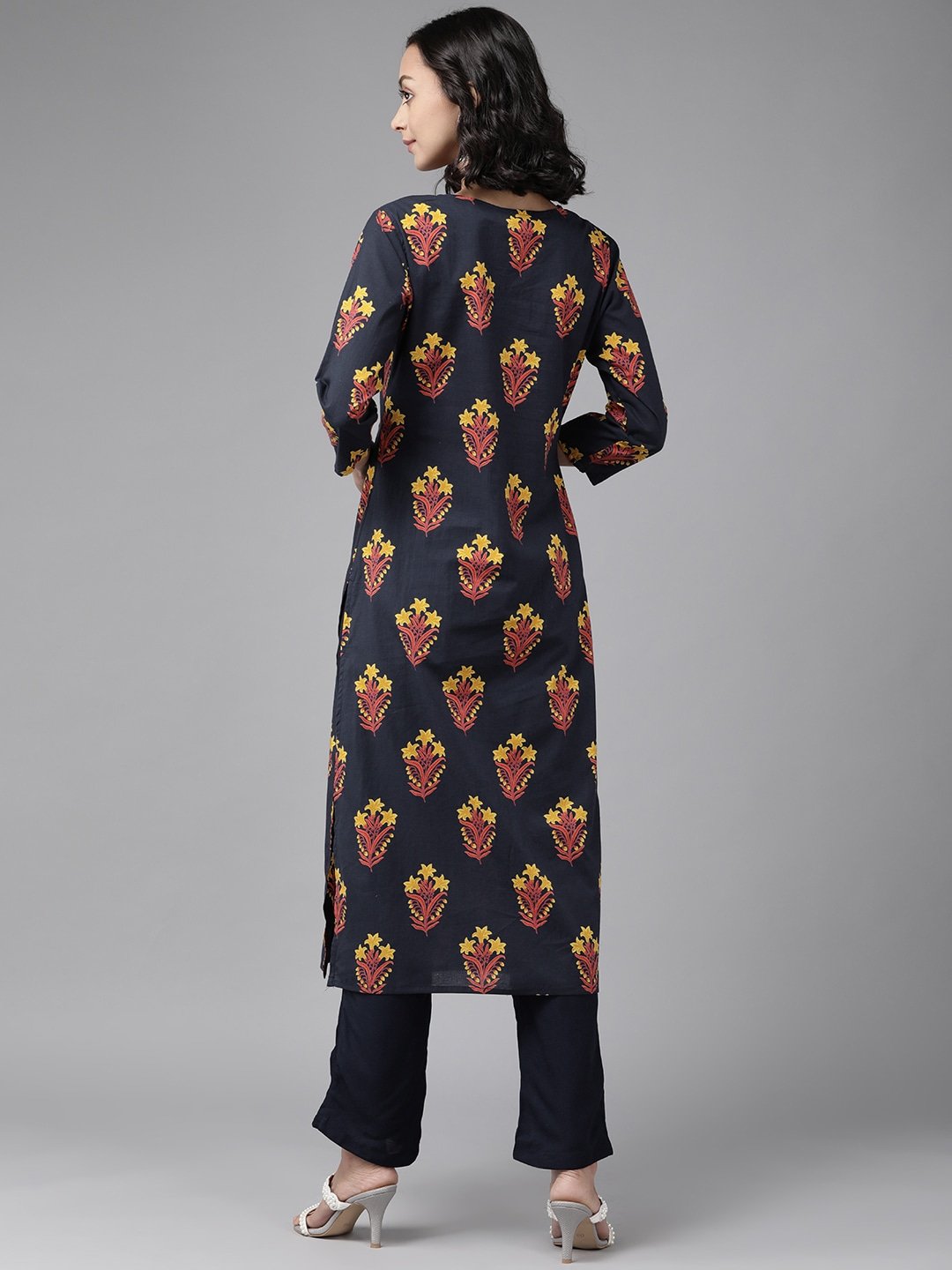 Women's Navy Blue & Mustard Kurta Set