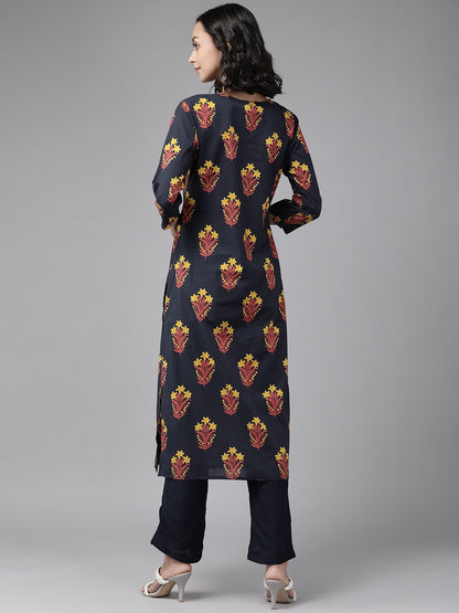 Women's Navy Blue & Mustard Kurta Set