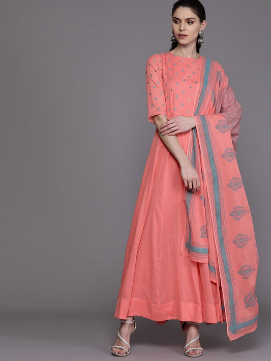 Women's  Peach-Coloured & Teal Blue Yoke Design Anarkali Kurta With Dupatta