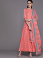 Women's  Peach-Coloured & Teal Blue Yoke Design Anarkali Kurta With Dupatta