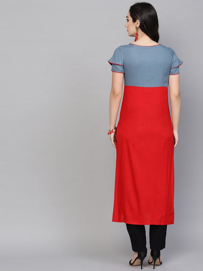 Women's  Red & Grey Yoke Design Empire Straight Kurta