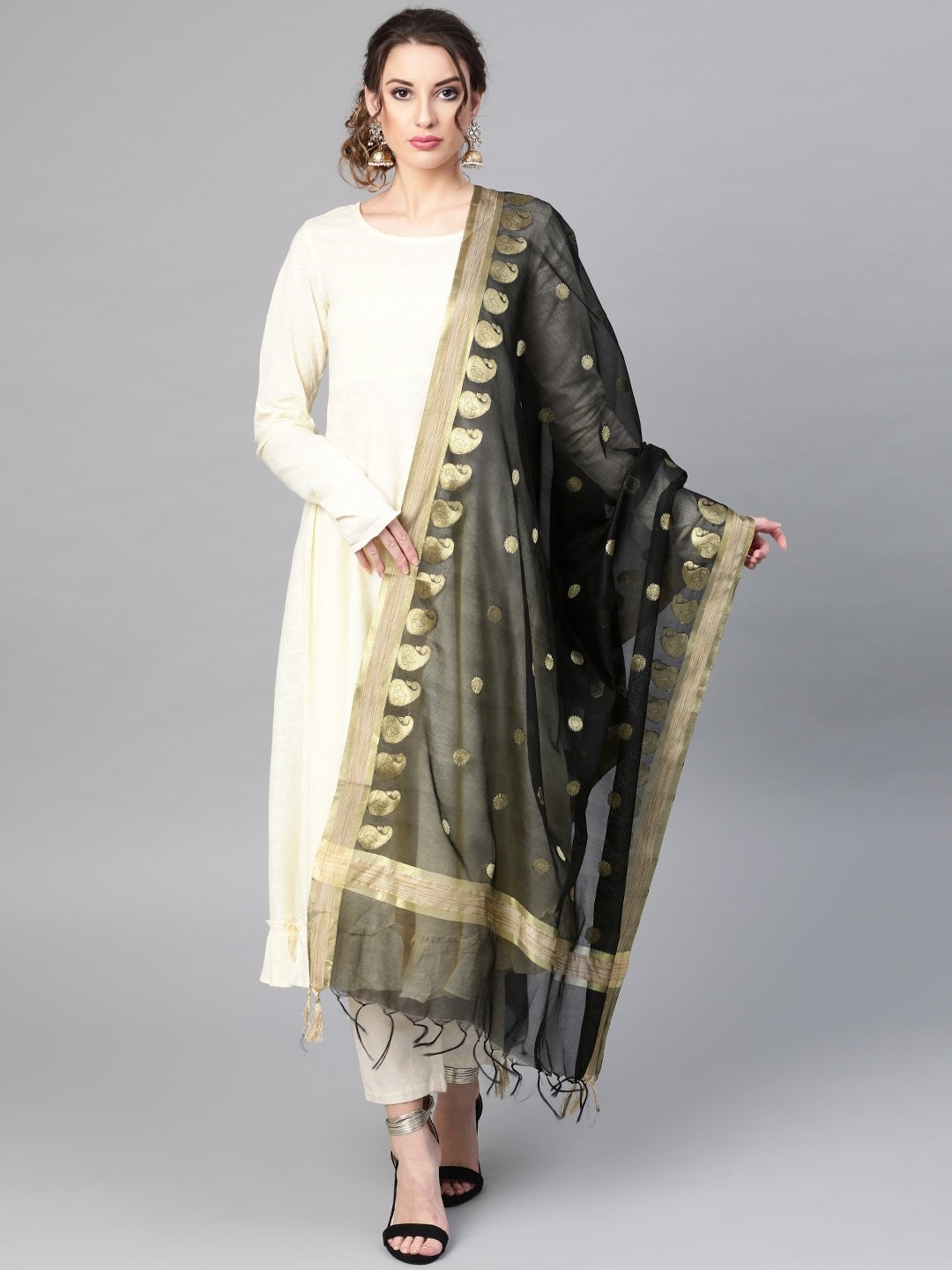 Women's Black Woven Design Banarasi Dupatta
