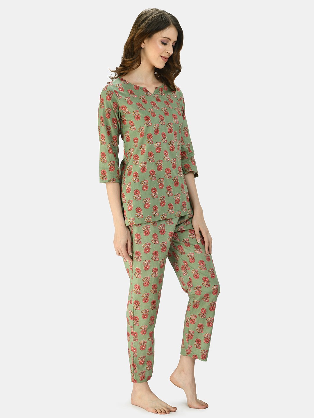 Women's Multicolor Cotton Printed Half Sleeve V Neck Casual Night Suit