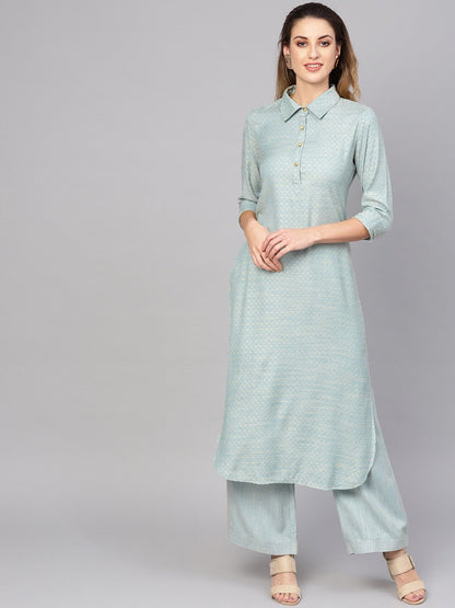 Women's  Blue & Golden Self Design Pathani Kurta