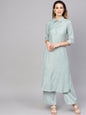 Women's  Blue & Golden Self Design Pathani Kurta