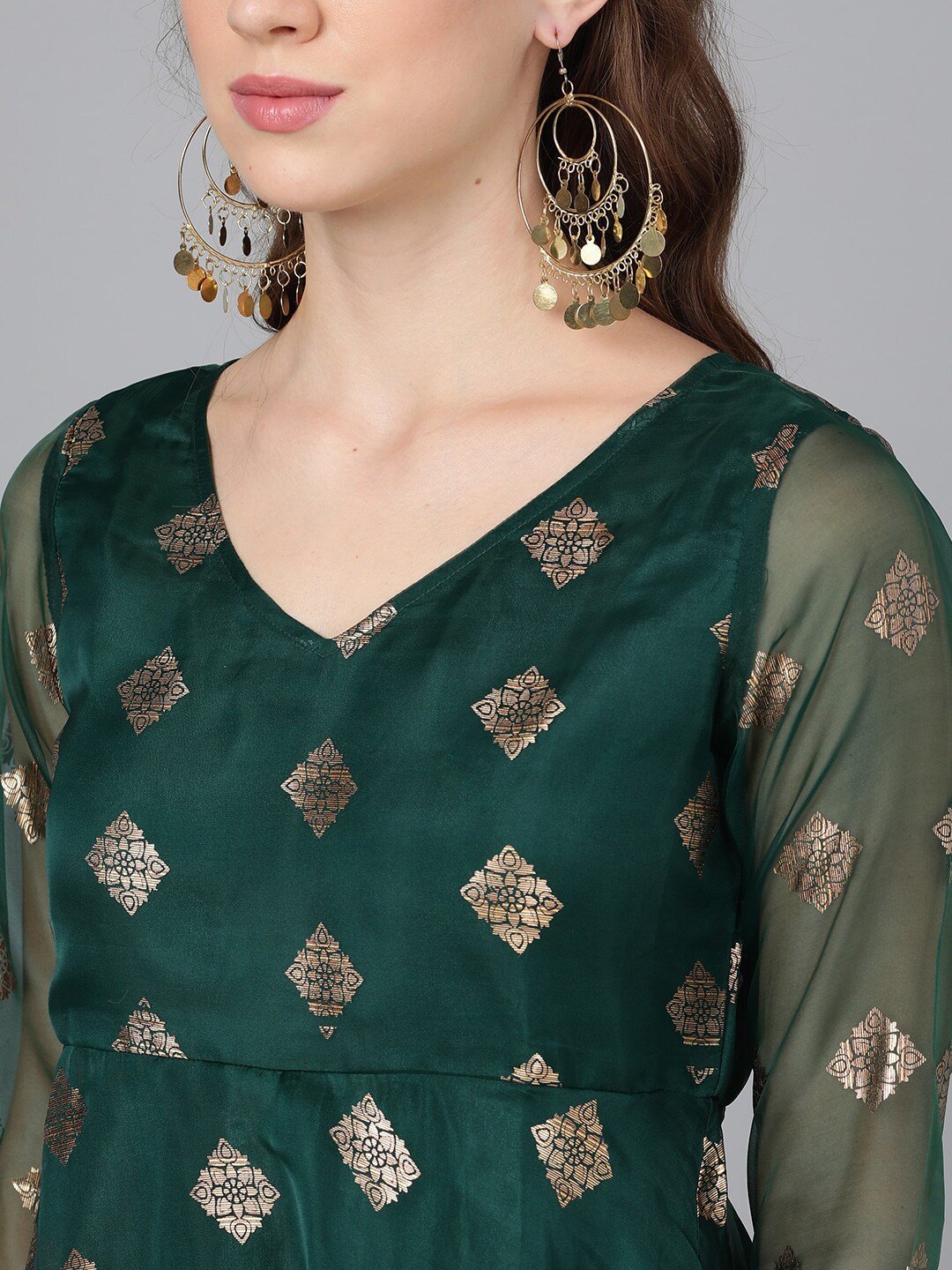 Women's  Green & Gold-Toned Woven Design Anarkali Kurta