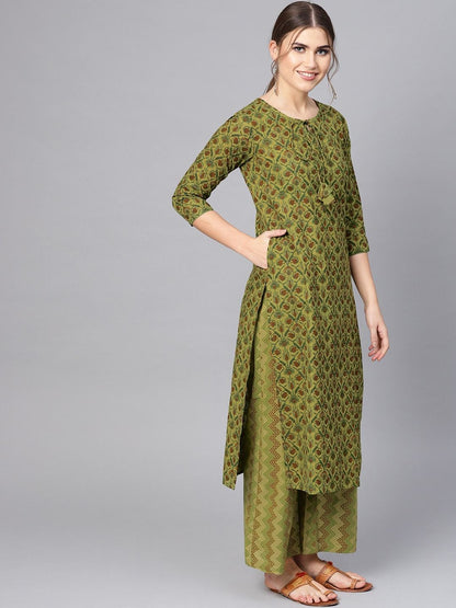 Women's  Green & Maroon Khari Print Kurta with Palazzos & Dupatta