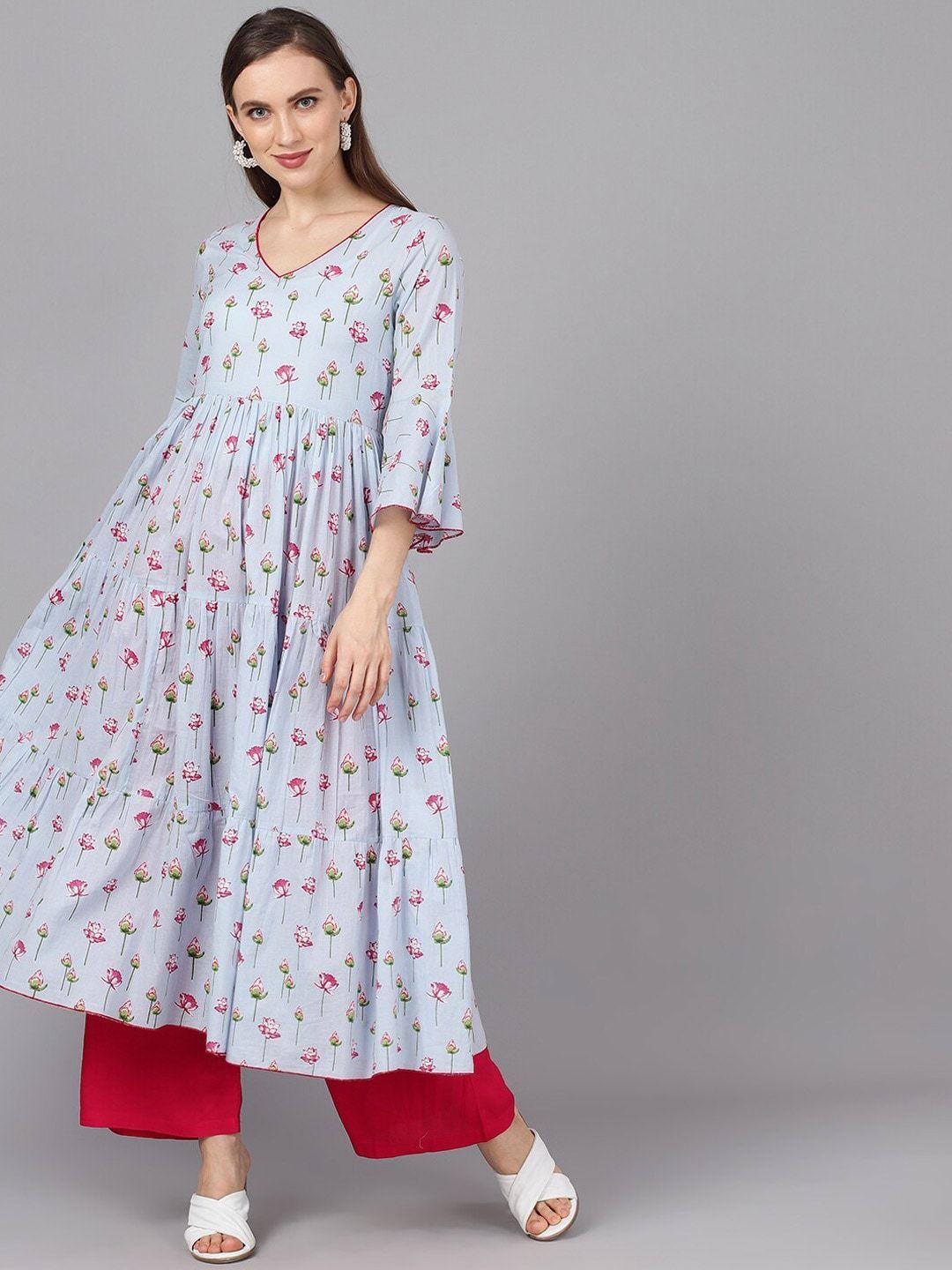 Women's  Blue & Pink Printed Anarkali Kurta