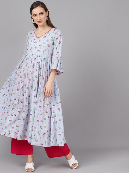 Women's  Blue & Pink Printed Anarkali Kurta