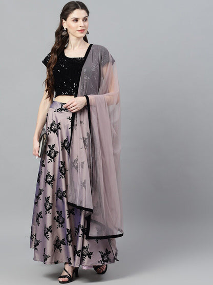Women's Purple & Black Flock Printed Lehenga Choli With Net Dupatt