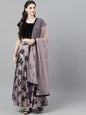 Women's Purple & Black Flock Printed Lehenga Choli With Net Dupatt
