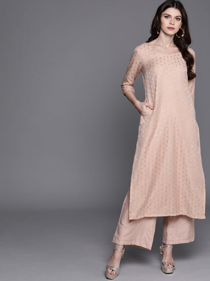 Women's  Pink & Golden Woven Design Kurta with Palazzos