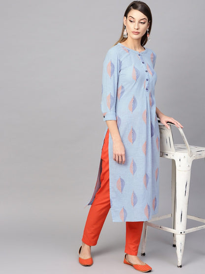 Women's  Blue & Orange Printed Straight Kurta