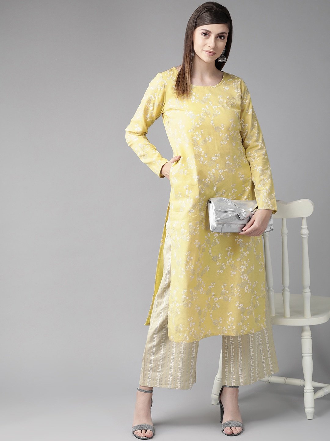 Women's  Yellow & White Floral Print Straight Kurta