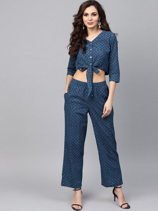 Women's  Navy Blue Handblock Print Crop Top with Palazzos