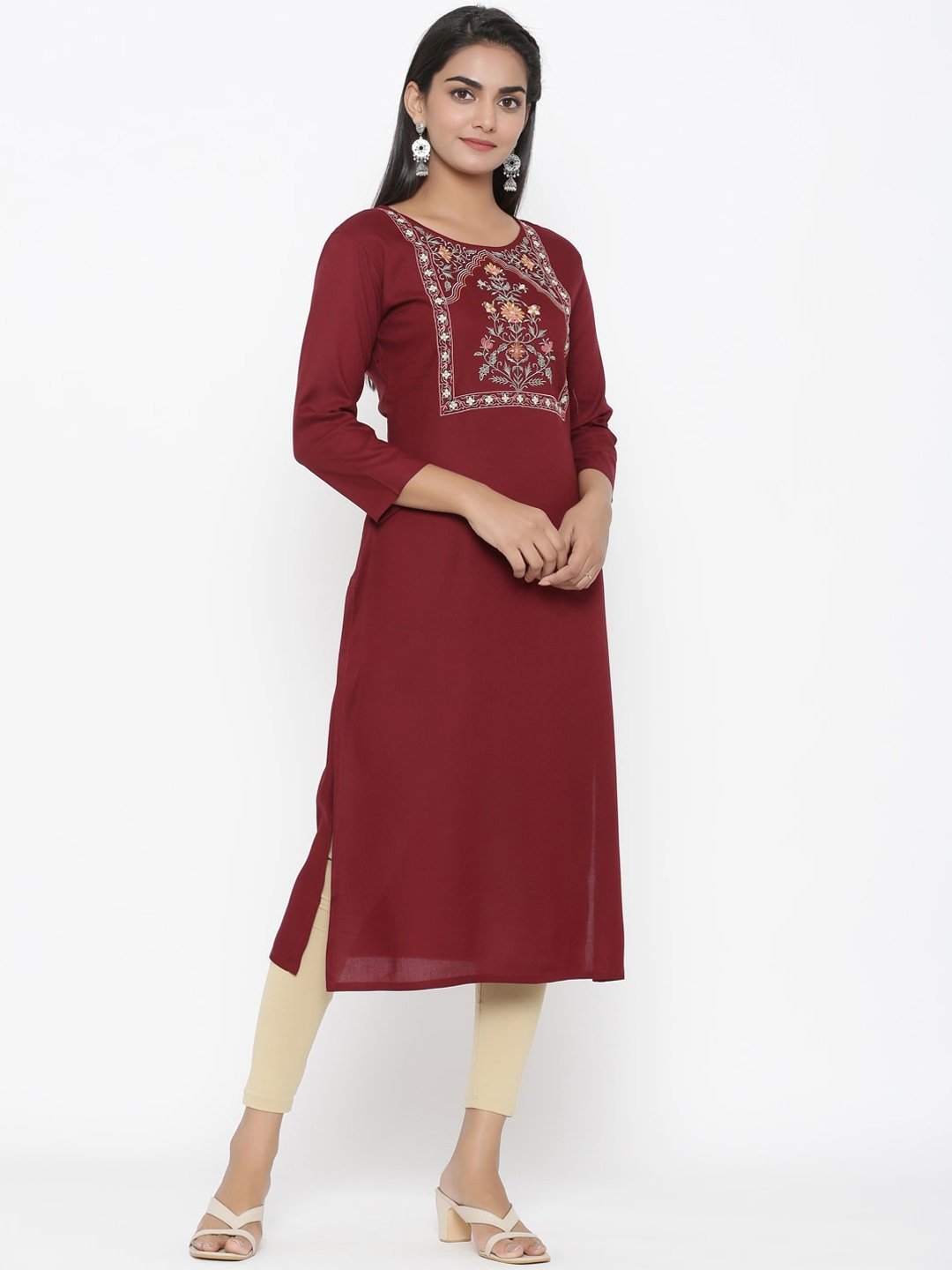 Women's Maroon Embroidered Kurta