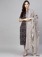 Women's  Black & Off-White Printed Kurta with Trousers & Dupatta