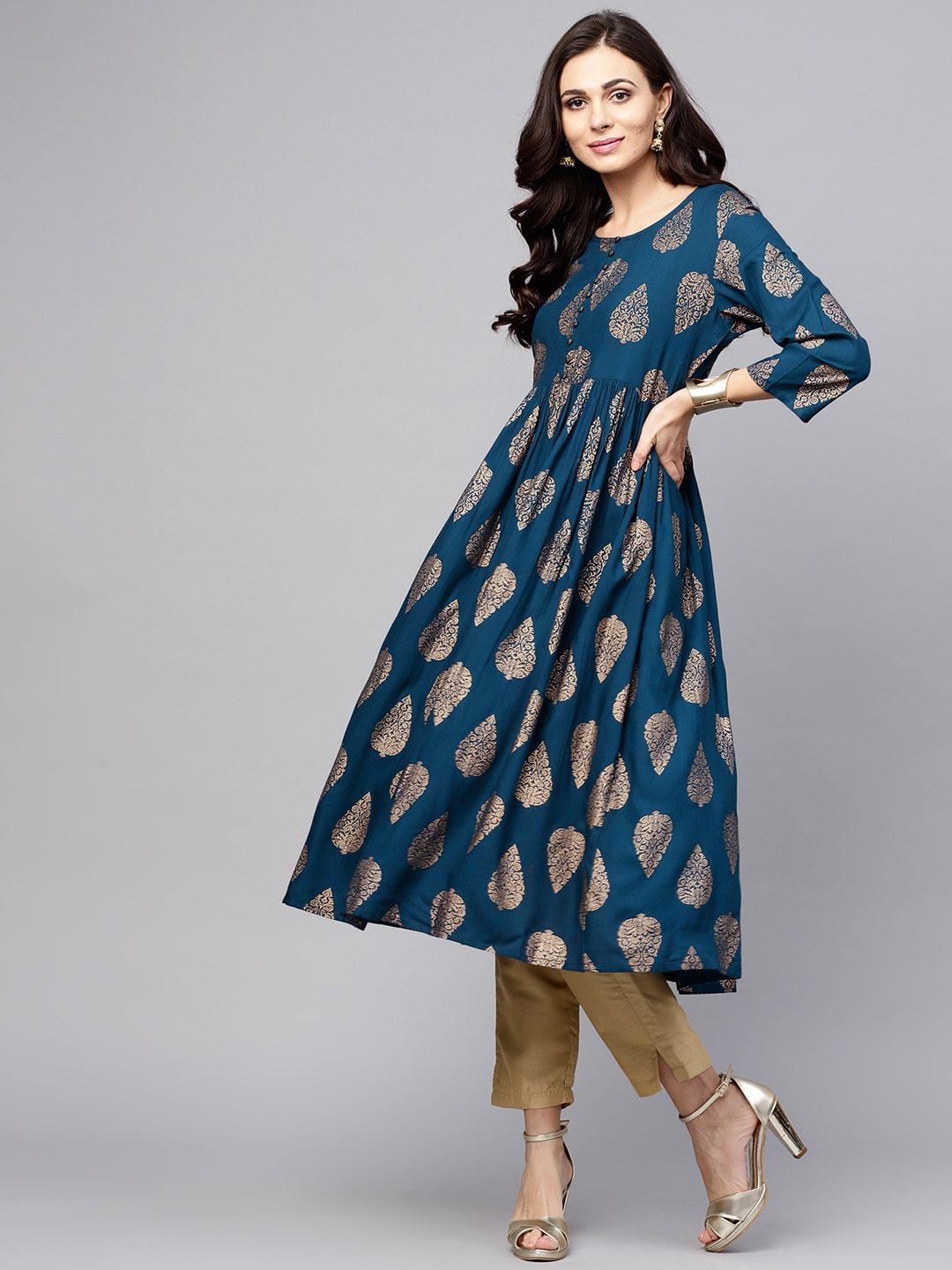Women's  Teal Blue & Golden Printed A-Line Kurta