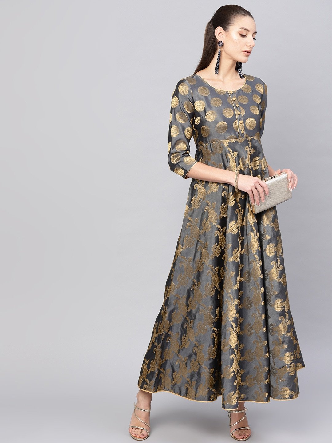 Women's  Charcoal Grey & Golden Self Design Empire Maxi Dress