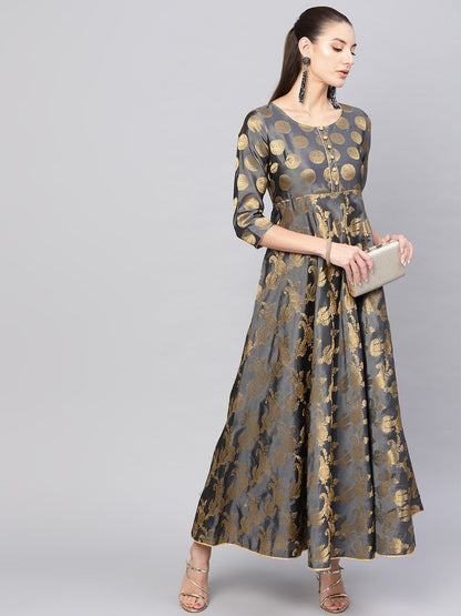 Women's  Charcoal Grey & Golden Self Design Empire Maxi Dress