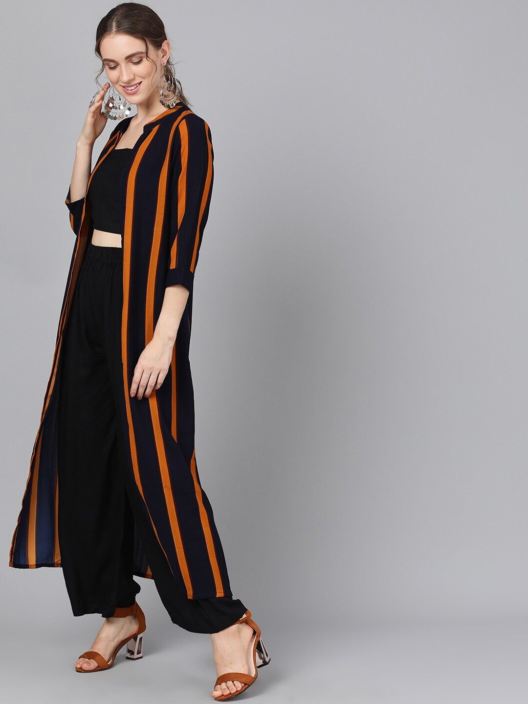 Women's  Navy Blue & Yellow Striped Open Front Jacket