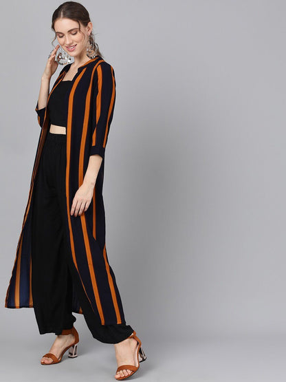 Women's  Navy Blue & Yellow Striped Open Front Jacket