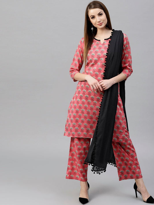Women's  Pink & Black Printed Kurta with Palazzos & Dupatta