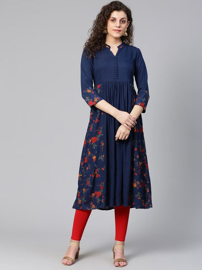 Women's Navy Blue & Red Floral Print Detail A-Line Kurta
