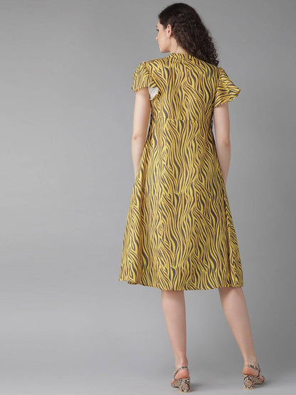 Women's  Yellow & Charcoal Grey Zebra Print A-Line Dress