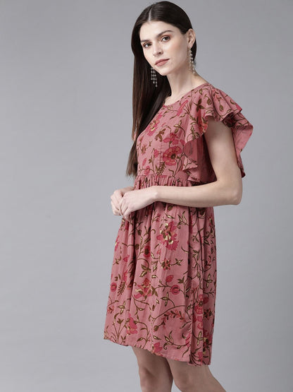 Women's  Pink & Olive Green Printed A-Line Dress