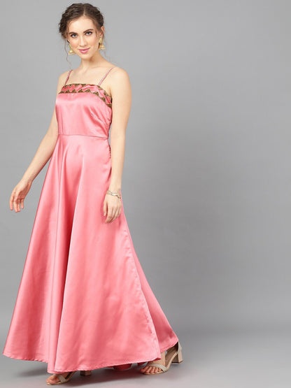 Women's  Pink Printed Maxi Dress With Dupatta