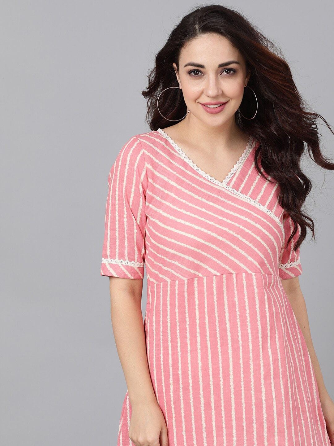 Women's  Peach-Coloured & White Striped A-Line Kurta