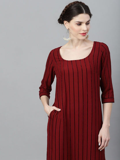 Women's  Maroon & Black Striped Anarkali Kurta