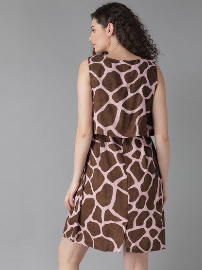 Women's  Pink & Brown Animal Printed A-Line Dress