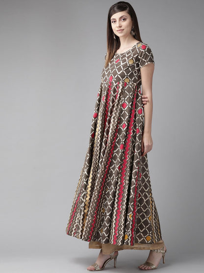 Women's  Coffee Brown & Red Printed Anarkali Kurta
