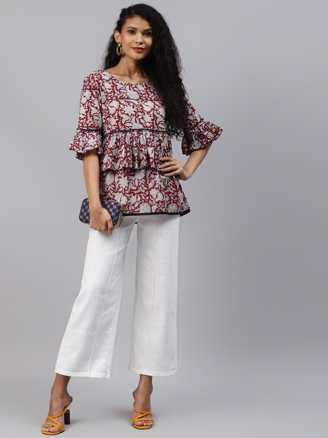 Women's Maroon & Offwhite Printed Top