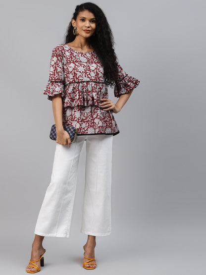 Women's Maroon & Offwhite Printed Top