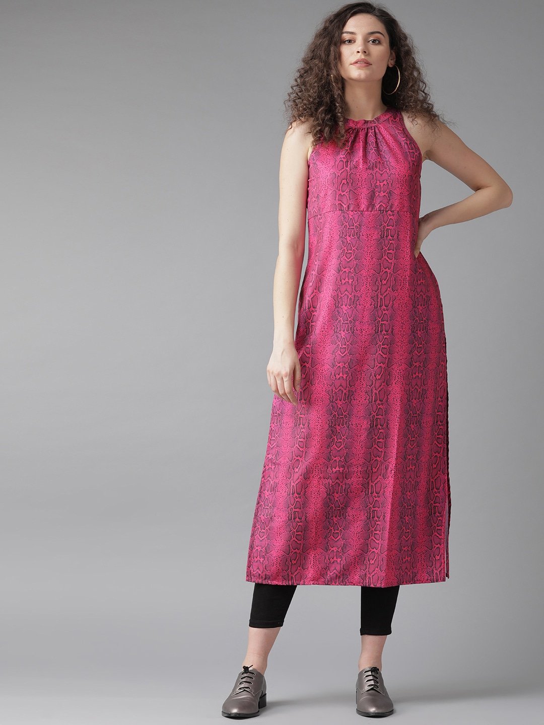 Women's  Pink & Black Snake Print Straight Kurta