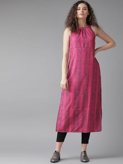 Women's  Pink & Black Snake Print Straight Kurta