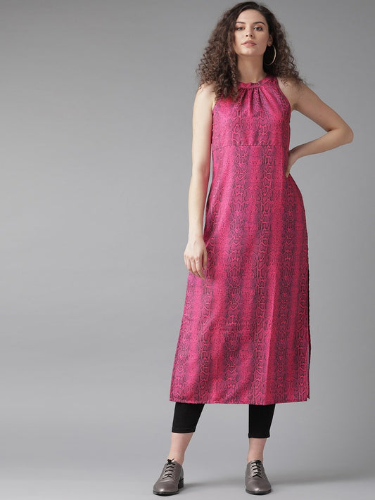 Women's  Pink & Black Snake Print Straight Kurta